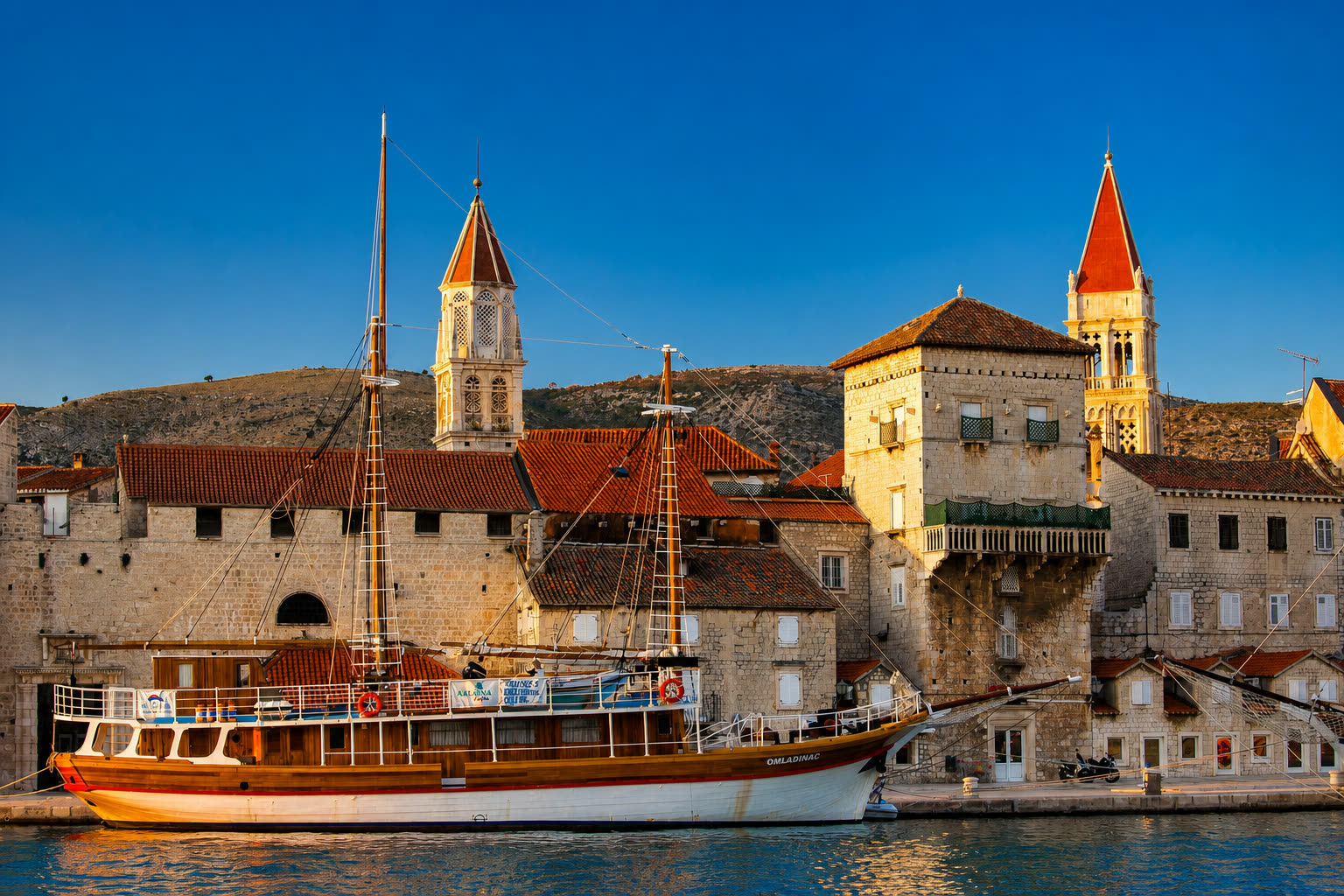 Aerial view of Trogir old town and harbour
